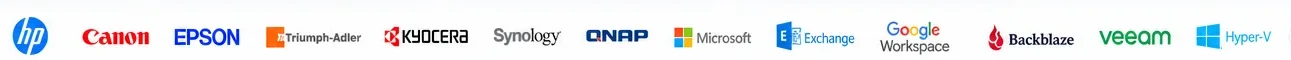 HP, Canon, Epson, Triumph-Adler, Kyocera, Synology, QNAP, Microsoft, Exchange, Google Workspace, Backblaze, Veeam et Hyper-V