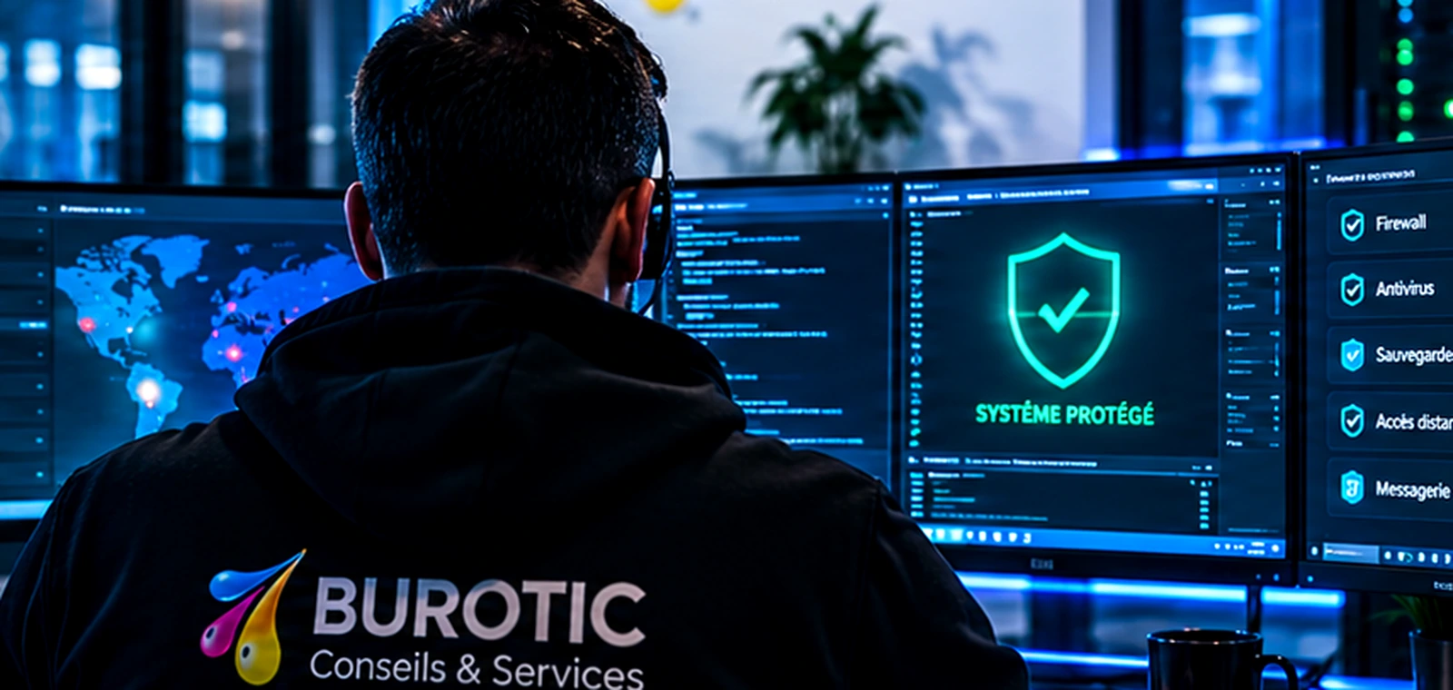 Poste de supervision cybersécurité Burotic avec protection des systèmes et surveillance réseau
