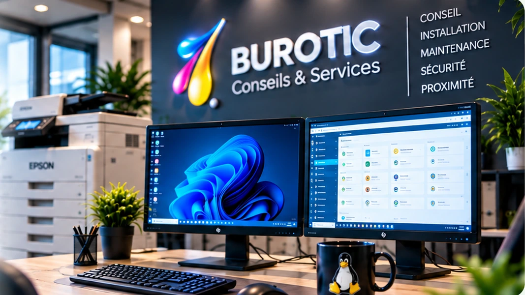 Bureau informatique professionnel Burotic avec deux écrans Windows et photocopieur Epson